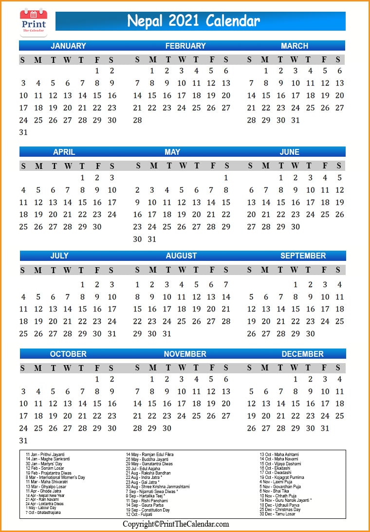 Nepal Calendar 2021